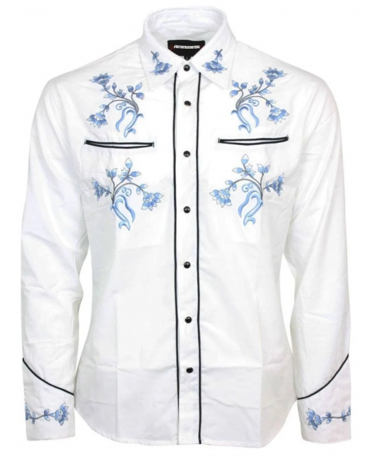 Red Star Rodeo - White Cowboy Shirt with Blue Flower Embroidery