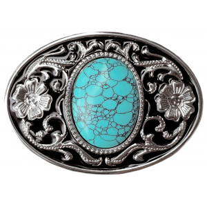 Belt Buckle - Western Style Oval Filigree with Turquoise Colour Cabochon Centre Belt Buckle - Western Style Oval Filigree with Turquoise Colour Cabochon Centre
