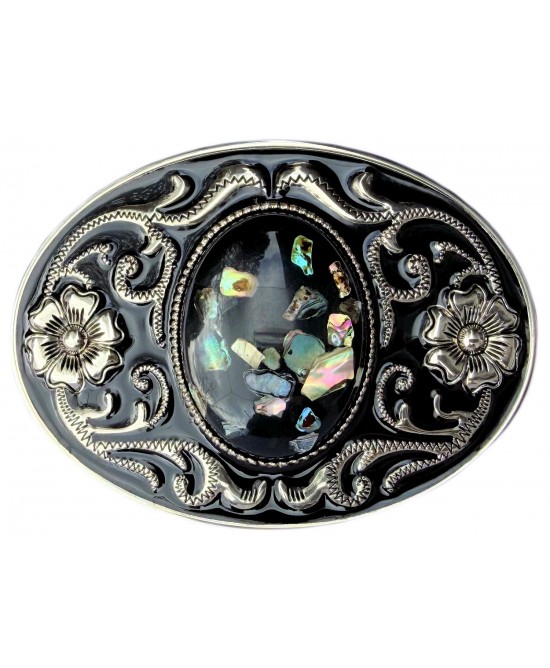 Belt Buckle - Oval Filigree with Black w/ Fragments Cabochon Centre Belt Buckle - Oval Filigree with Black w/ Fragments Cabochon Centre
