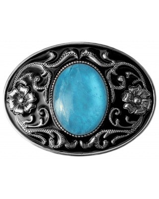 Belt Buckle - Oval Filigree with Blue Colour Cabochon Centre