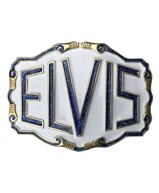Belt Buckle - Elvis Blue Glitter White Belt Buckle - Elvis Blue Glitter White