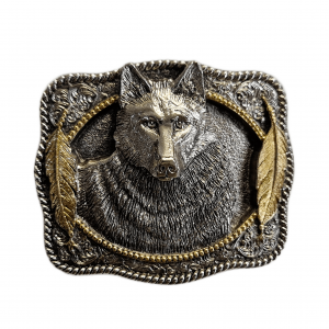 Belt Buckle - Wolf Head Feathers Gold Silver Plated
