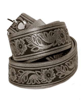 Leather Belt - Flowers Grey