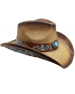 Straw Western Hat Brown with Turquoise Stone