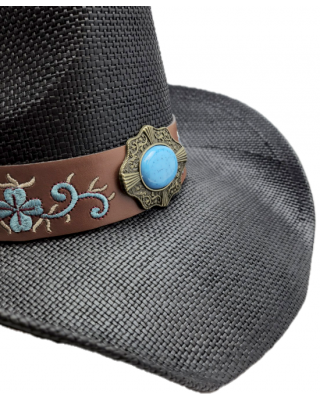 Straw Western Hat Black with Brown Hatband and Turquoise Stone