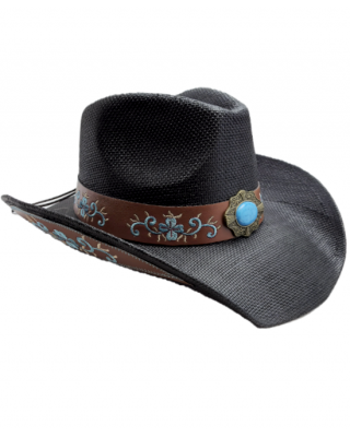 Straw Western Hat Black with Brown Hatband and Turquoise Stone