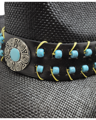 Straw Western Hat Turquoise Beads Black