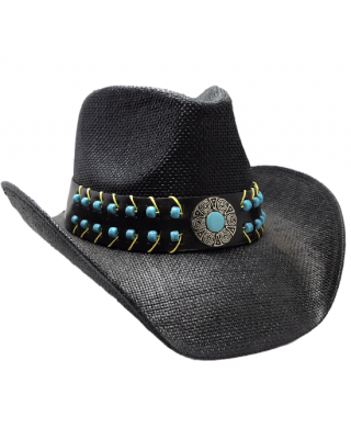 Straw Western Hat Turquoise Beads Black