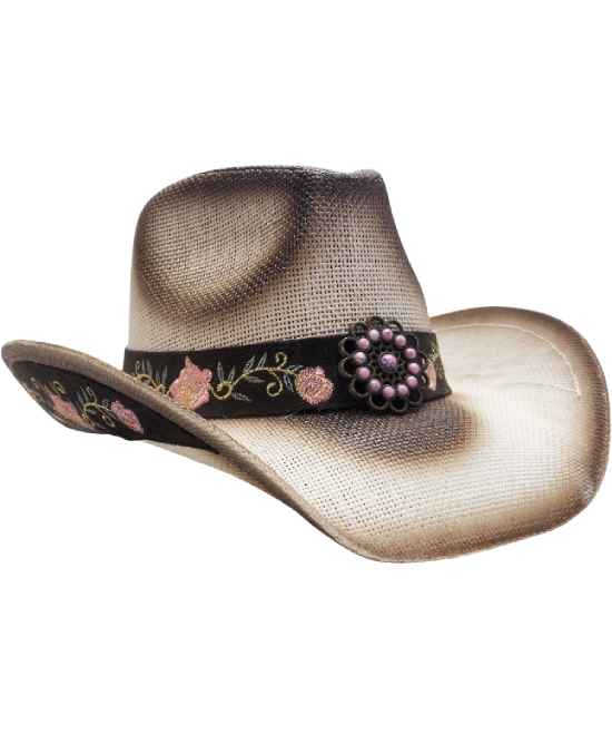 Straw Western Hat Flowers Beige