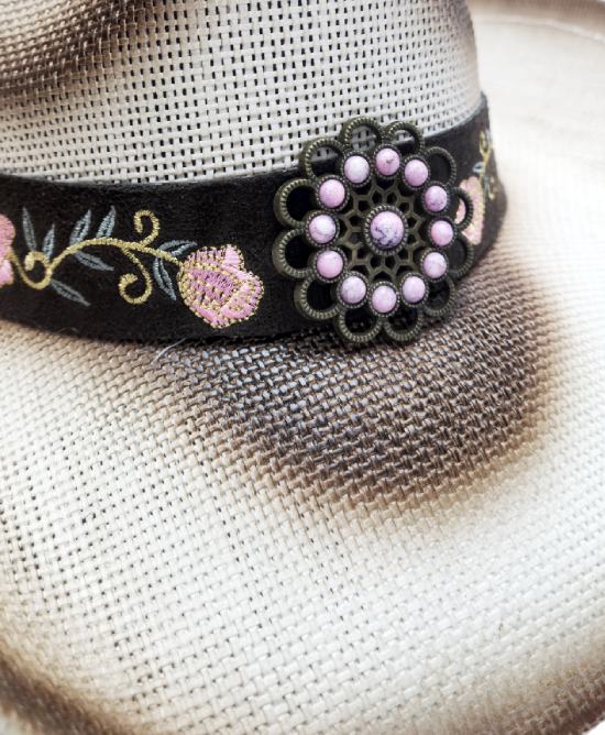 Straw Western Hat Flowers Beige