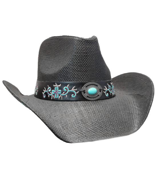 Straw Western Hat Black with Blue Stone Straw Western Hat Black with Blue Stone