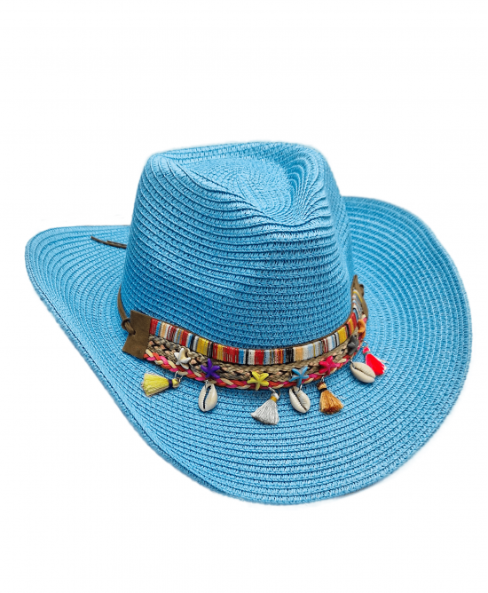 Straw Western Hat Blue With Removable Hat Band Adjustable String