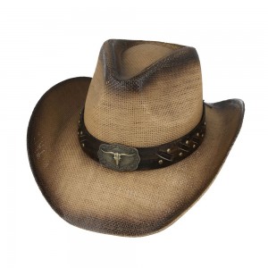 Straw Western Hat Brown with Steer Hat Band