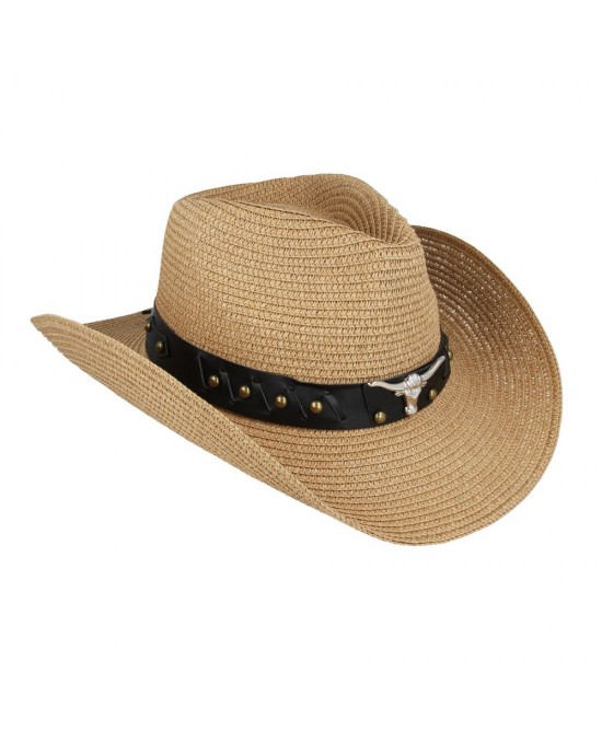 Straw Western Hat - Steer with Brown Hatband Straw Western Hat - Steer with Brown Hatband