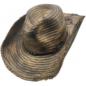 Straw Western Hat with Turquoise Beads - Distressed Beige