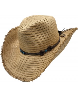 Straw Western Hat with Turquoise Beads - Beige