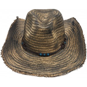 Straw Western Hat with Turquoise Beads - Distressed Beige Straw Western Hat with Turquoise Beads - Distressed Beige