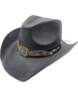 Straw Western Hat Turquoise Concho Hatband Black