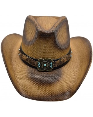 Straw Western Hat Turquoise Concho Hatband Brown