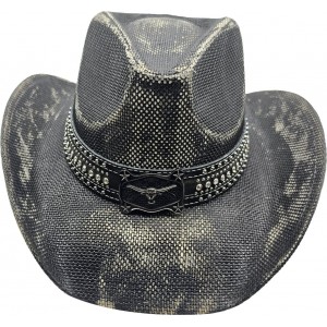 Straw Western Hat Steer Distressed Black