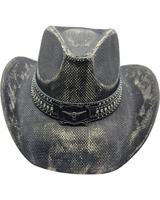 Straw Western Hat Steer Distressed Black
