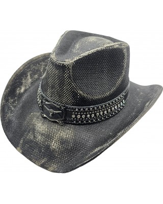 Straw Western Hat Steer Distressed Black