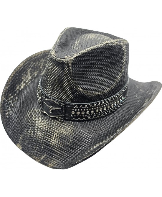 Straw Western Hat Steer Distressed Black