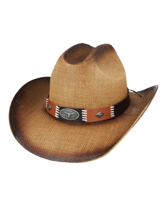 Straw Summer Cowboy Hat With Black and Brown Steer Hatband Straw Summer Cowboy Hat With Black and Brown Steer Hatband