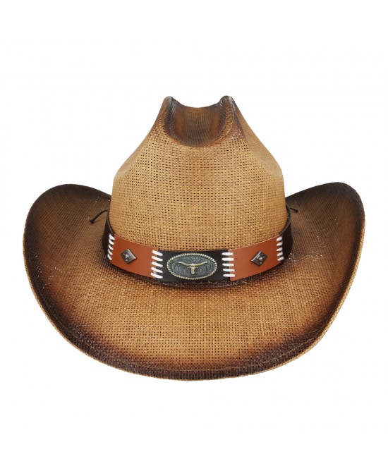 Straw Summer Cowboy Hat With Black and Brown Steer Hatband Straw Summer Cowboy Hat With Black and Brown Steer Hatband
