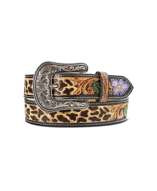 Leather Belt - Ariat Hand Tooled Cheetah Print With Painted Flower Belt