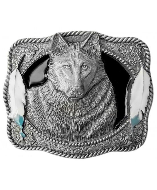 Belt Buckle - Wolf with Feathers
