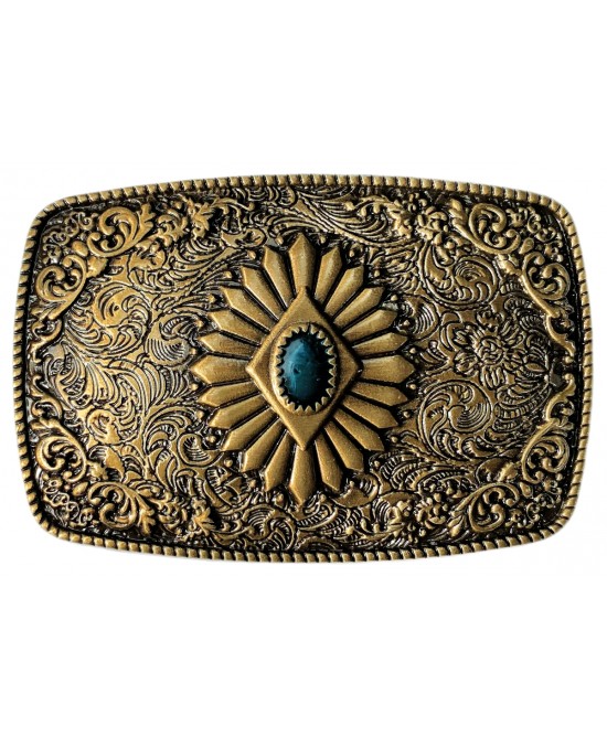 Belt Buckle - Western Rectangle Brass Plated with a Blue Stone