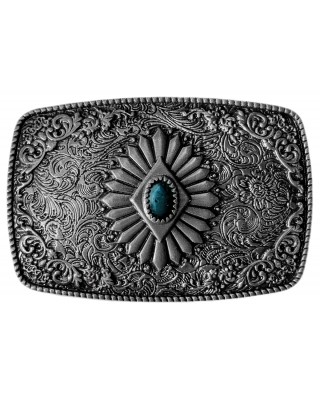 Belt Buckle -  Silver Burst with Blue Stone