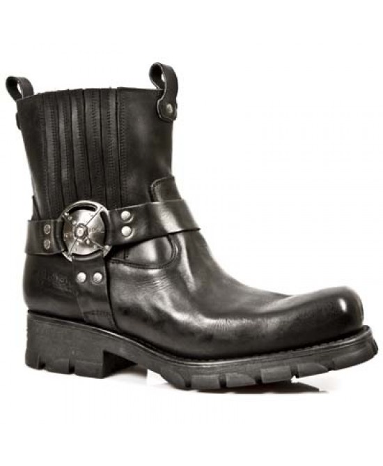 New Rock - M.7605-S1 - Black Leather Ankle Biker Boots