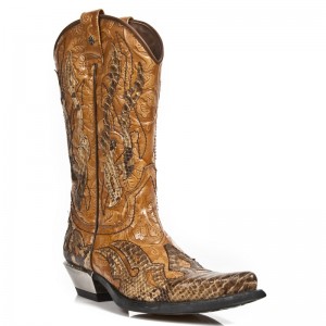 New Rock - M.7921B-C2 - Custom Brown Faux Snakeskin Cowboy Boots
